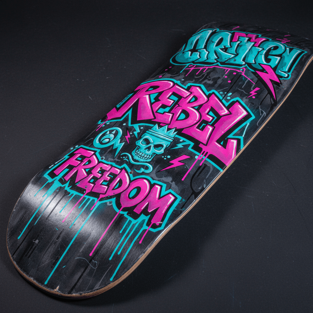 Custom hand-painted skateboard deck with retro graffiti art